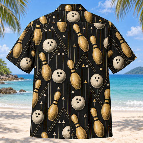 Back view of Black Gold Tenpins Bowling Hawaiian Shirt with matching bowling artwork in black, antique gold, ivory