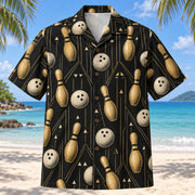 Front view of Black Gold Tenpins Bowling Hawaiian Shirt with elegant gold bowling pins, ivory three-hole balls and fine lane geometry