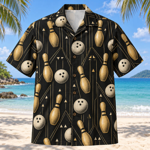 Front view of Black Gold Tenpins Bowling Hawaiian Shirt with elegant gold bowling pins, ivory three-hole balls and fine lane geometry