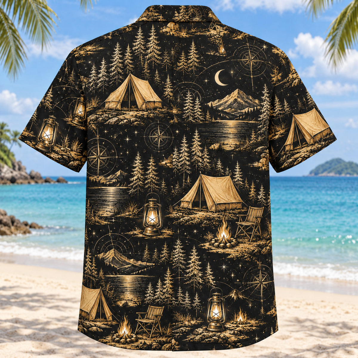 Back view of Black Gold Tent Camping Hawaiian Shirt with matching tent camping artwork in black, antique gold, ivory
