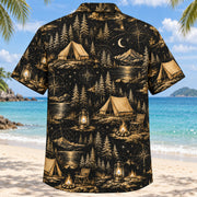 Back view of Black Gold Tent Camping Hawaiian Shirt with matching tent camping artwork in black, antique gold, ivory