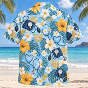 Back view of Blood Pressure Cuff Nurse Hawaiian Shirt with matching artwork in sky, white, ochre
