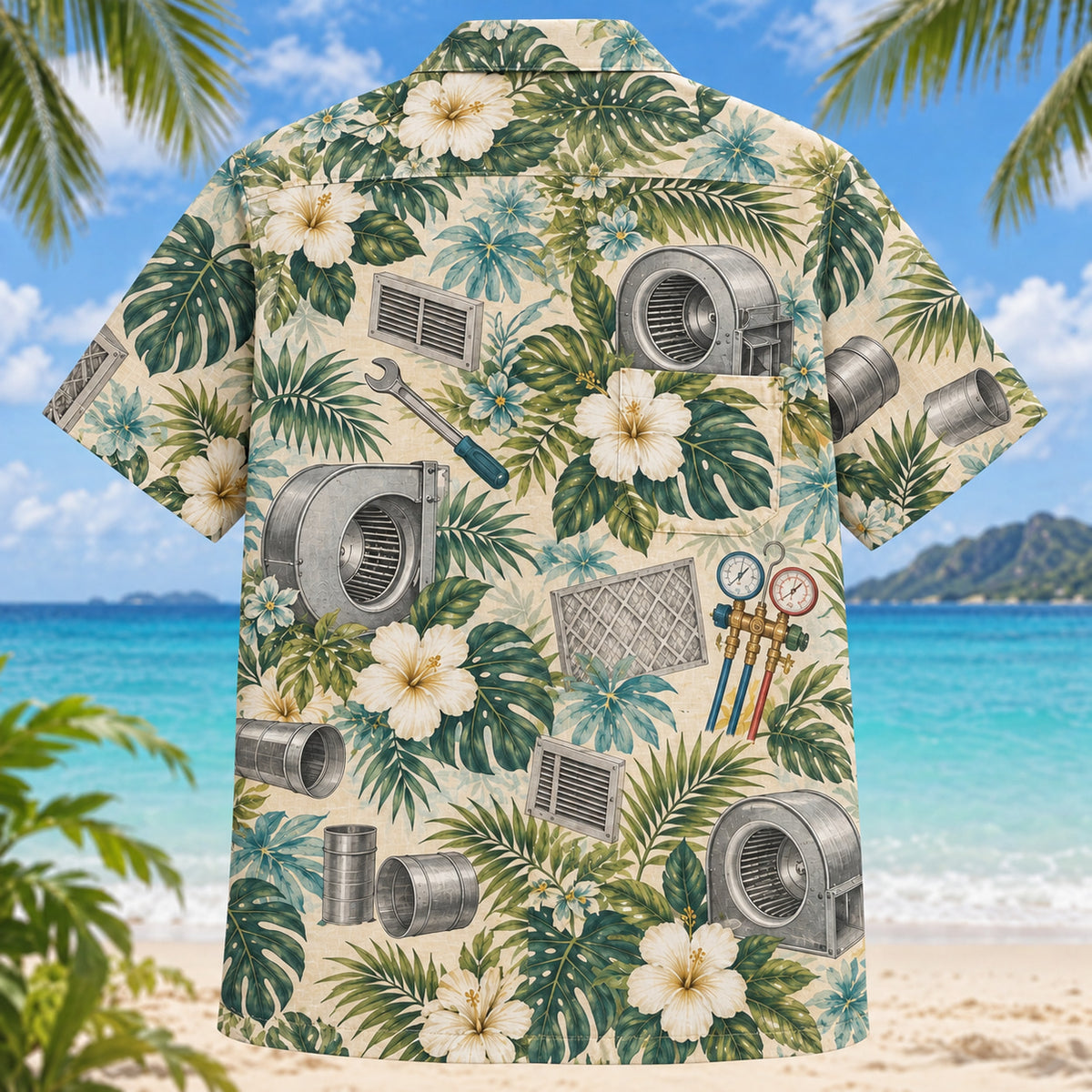 Back view of Blower HVAC Hawaiian Shirt with matching artwork in moss, aqua, sand