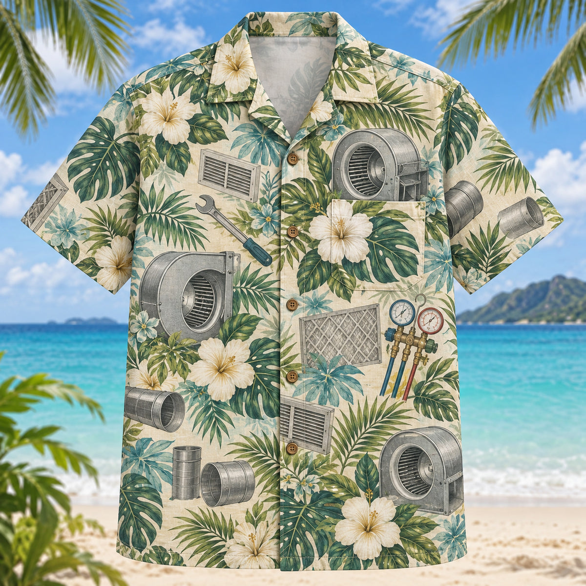 Front view of Blower HVAC Hawaiian Shirt with original blower motifs, with tropical botanical accents; no text or branded equipment