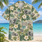 Front view of Blower HVAC Hawaiian Shirt with original blower motifs, with tropical botanical accents; no text or branded equipment
