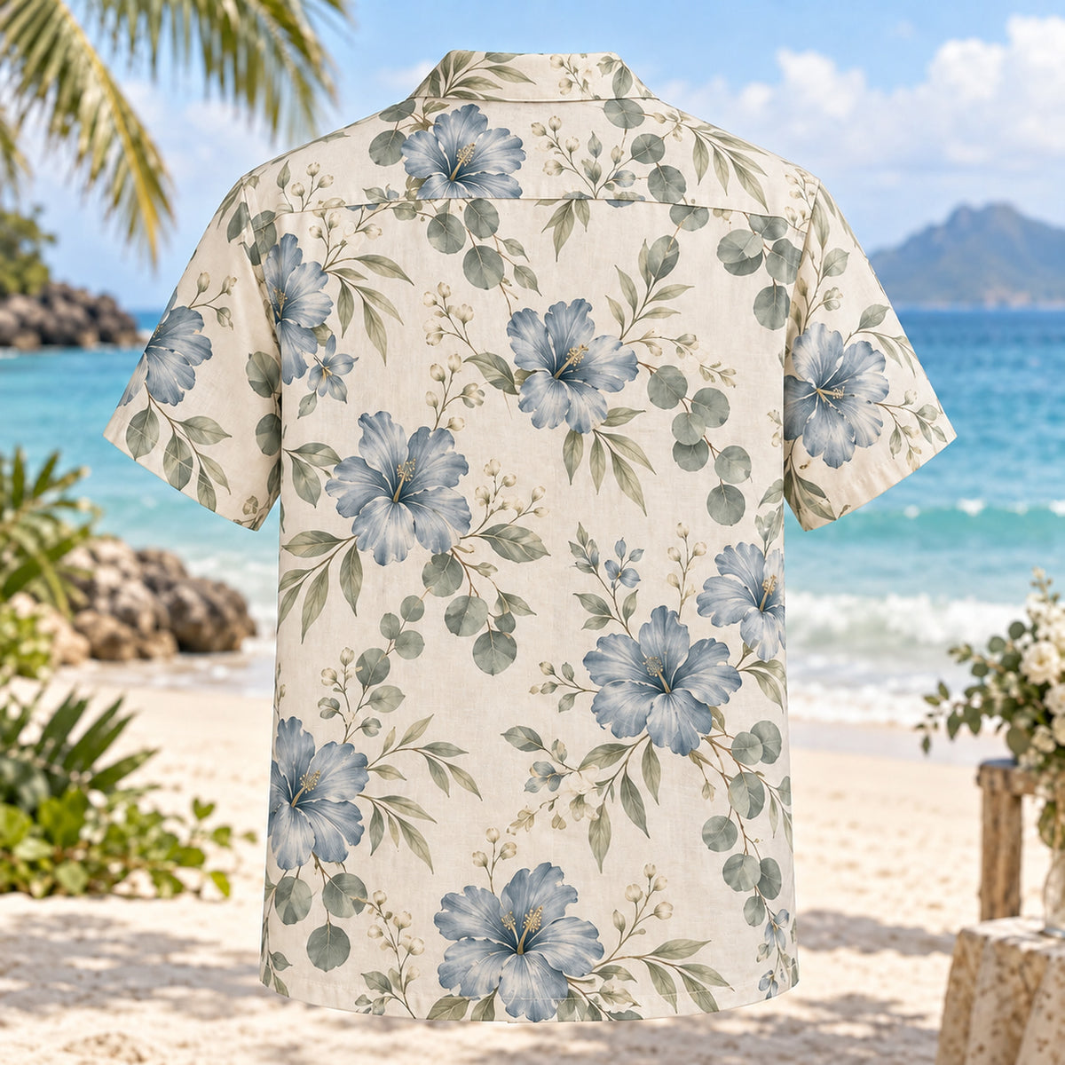 Back view of Blue Bouquet Beach Wedding Hawaiian Shirt with matching artwork in champagne, eucalyptus, ivory