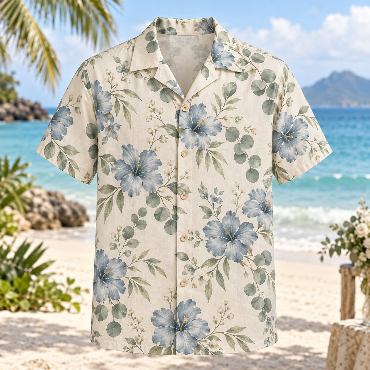 Front view of Blue Bouquet Beach Wedding Hawaiian Shirt with original, text-free illustrations of dusty-blue blossoms and small eucalyptus leaves