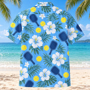 Back view of Blue Hibiscus Rally Pickleball Hawaiian Shirt with matching pickleball artwork in sky blue, white, navy, lemon yellow