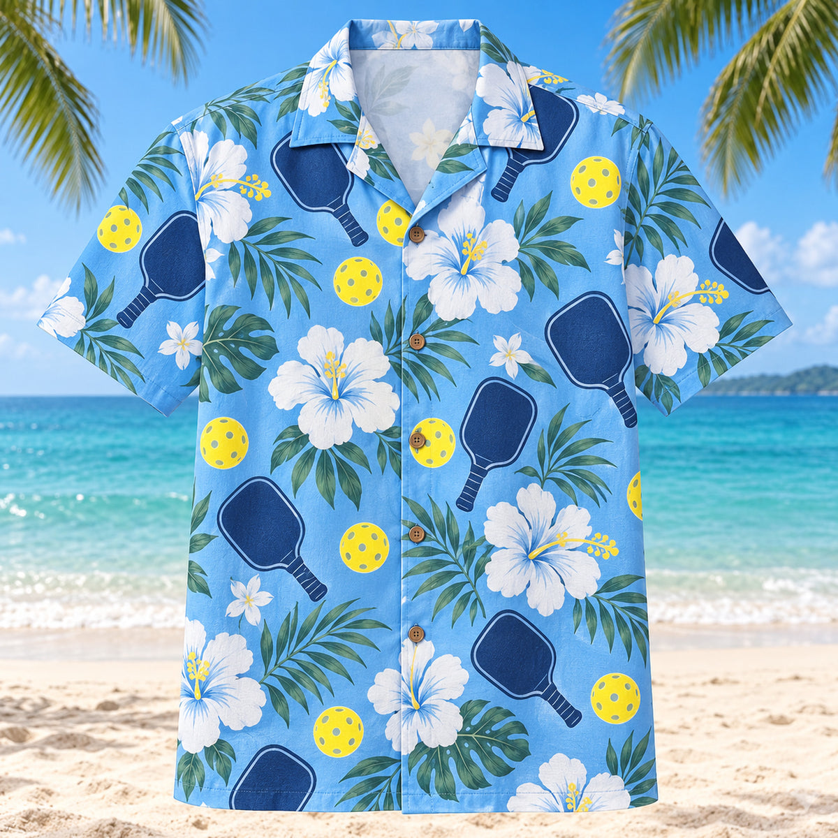 Front view of Blue Hibiscus Rally Pickleball Hawaiian Shirt with original white hibiscus flowers, navy pickleball paddles and bright perforated yellow balls on an airy blue ground