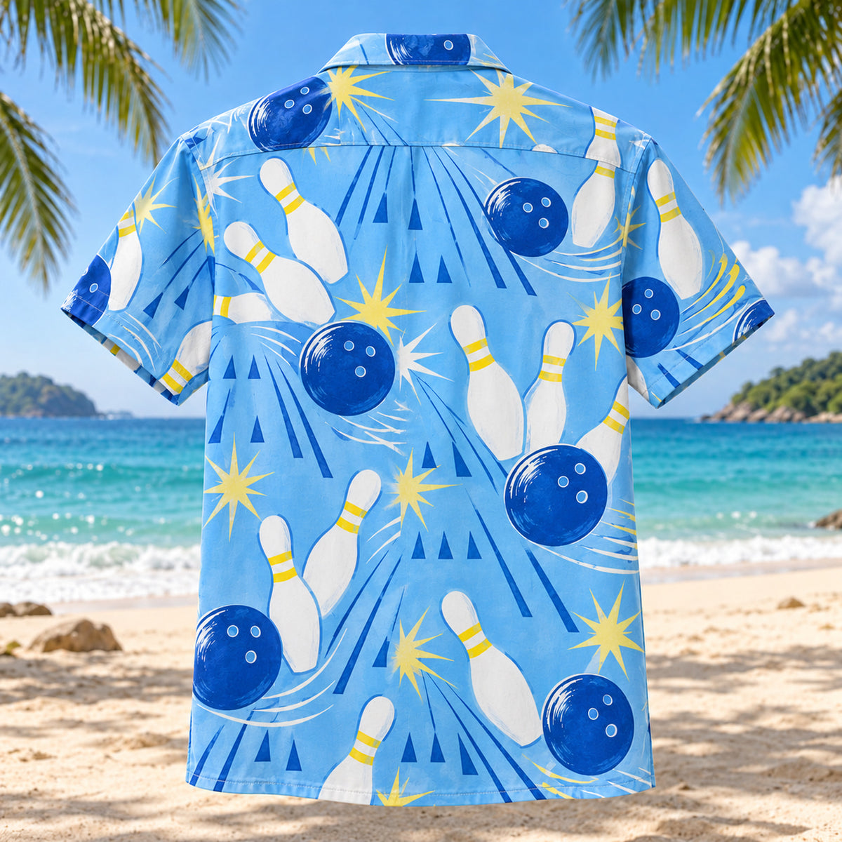 Back view of Blue Lane Sketch Bowling Hawaiian Shirt with matching bowling artwork in sky blue, cobalt, white, lemon