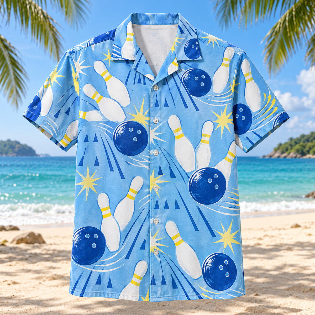 Front view of Blue Lane Sketch Bowling Hawaiian Shirt with hand-drawn pins, three-hole balls, lane arrows and spare linework with clear spacing