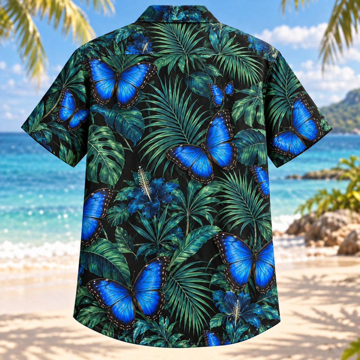 Back view of Blue Morpho Palm Butterfly and Moth Hawaiian Shirt with matching artwork in cobalt, black, emerald