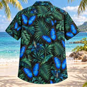 Back view of Blue Morpho Palm Butterfly and Moth Hawaiian Shirt with matching artwork in cobalt, black, emerald