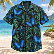 Front view of Blue Morpho Palm Butterfly and Moth Hawaiian Shirt with blue morpho butterflies among palms