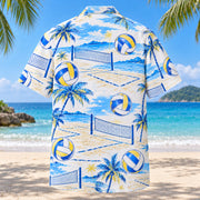 Back view of Blue Sketch Beach Volleyball Hawaiian Shirt with matching beach volleyball artwork in sky blue, cobalt, white, lemon yellow