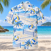 Front view of Blue Sketch Beach Volleyball Hawaiian Shirt with airy hand-drawn outlines of generic paneled volleyballs, beach volleyball nets and sand-court lines with clean white space