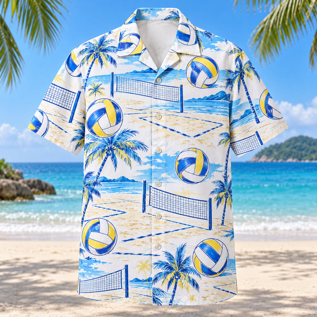 Front view of Blue Sketch Beach Volleyball Hawaiian Shirt with airy hand-drawn outlines of generic paneled volleyballs, beach volleyball nets and sand-court lines with clean white space