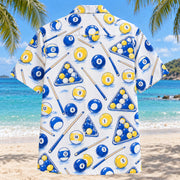 Back view of Blue Sketch Billiards Hawaiian Shirt with matching billiards artwork in sky blue, cobalt, white, lemon yellow