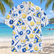 Front view of Blue Sketch Billiards Hawaiian Shirt with airy hand-drawn outlines of numbered pool balls, plain cue sticks and simple racking triangles with clean white space