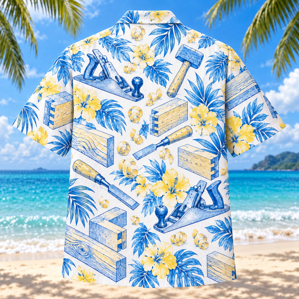 Back view of Blue Sketch Carpenter Hawaiian Shirt with matching carpenter artwork in sky blue, cobalt, white, lemon yellow