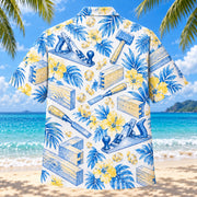 Back view of Blue Sketch Carpenter Hawaiian Shirt with matching carpenter artwork in sky blue, cobalt, white, lemon yellow