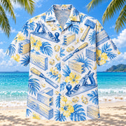 Front view of Blue Sketch Carpenter Hawaiian Shirt with airy hand-drawn outlines of vintage hand planes, chisels, wood joints, shavings and original wood grain with clean white space