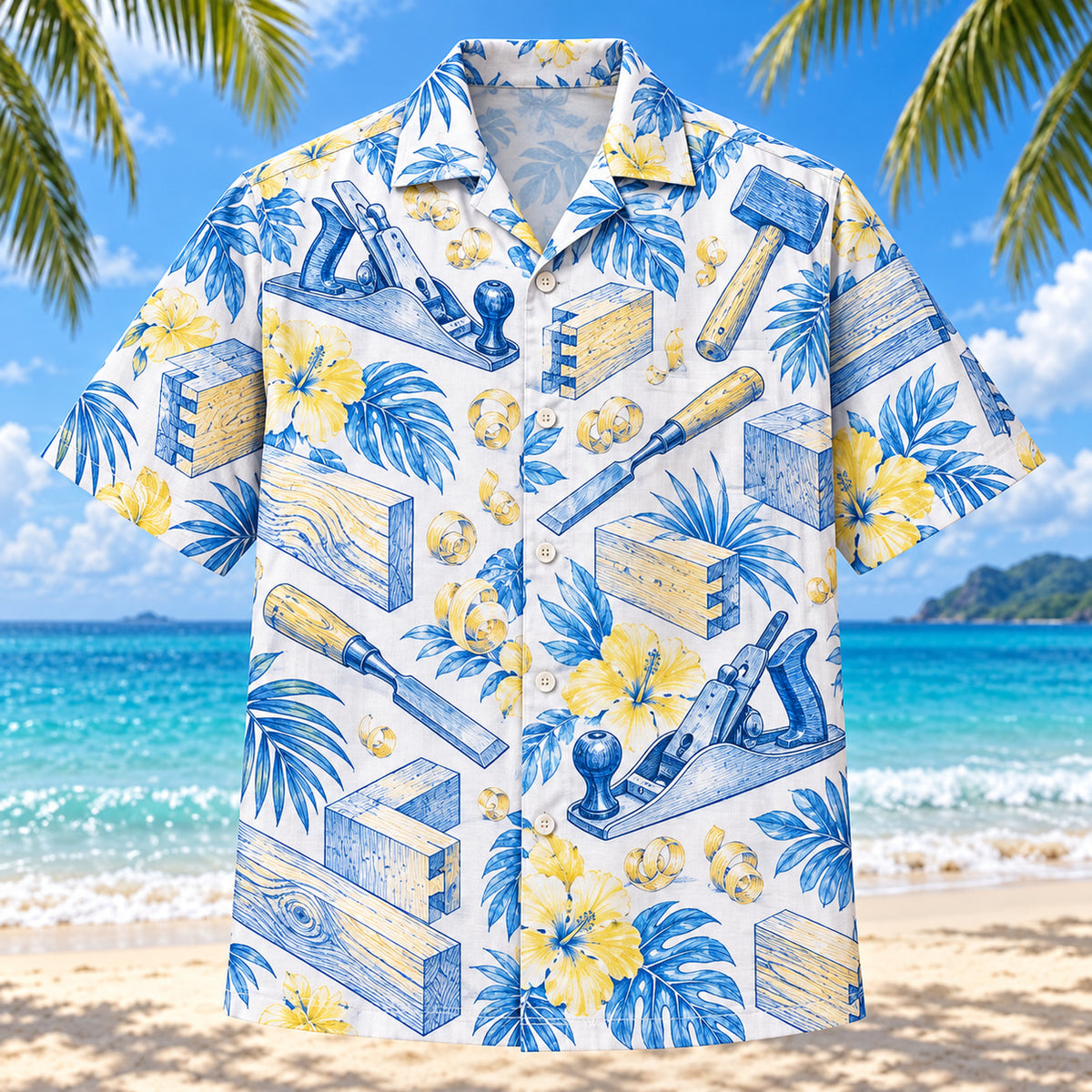 Front view of Blue Sketch Carpenter Hawaiian Shirt with airy hand-drawn outlines of vintage hand planes, chisels, wood joints, shavings and original wood grain with clean white space