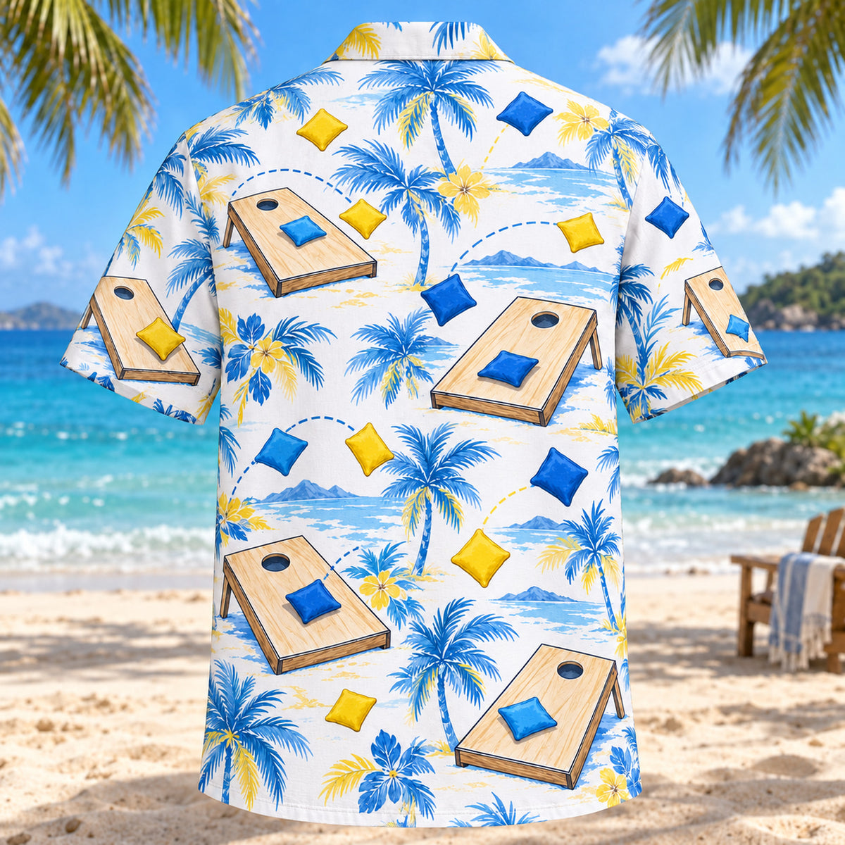 Back view of Blue Sketch Cornhole Hawaiian Shirt with matching cornhole artwork in sky blue, cobalt, white, lemon yellow