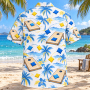 Back view of Blue Sketch Cornhole Hawaiian Shirt with matching cornhole artwork in sky blue, cobalt, white, lemon yellow