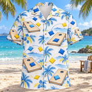 Front view of Blue Sketch Cornhole Hawaiian Shirt with airy hand-drawn outlines of plain wooden cornhole boards with circular holes, colorful fabric bean bags and toss arcs with clean white space