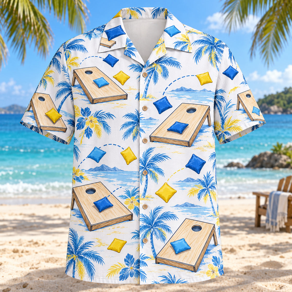 Front view of Blue Sketch Cornhole Hawaiian Shirt with airy hand-drawn outlines of plain wooden cornhole boards with circular holes, colorful fabric bean bags and toss arcs with clean white space