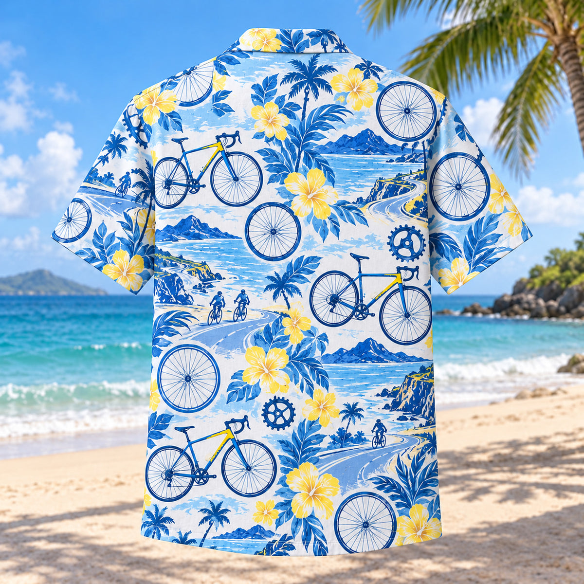 Back view of Blue Sketch Cycling Hawaiian Shirt with matching cycling artwork in sky blue, cobalt, white, lemon yellow