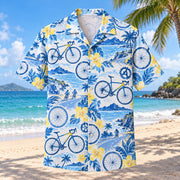 Front view of Blue Sketch Cycling Hawaiian Shirt with airy hand-drawn outlines of generic unbranded bicycles, spinning wheels and simple chainrings with clean white space