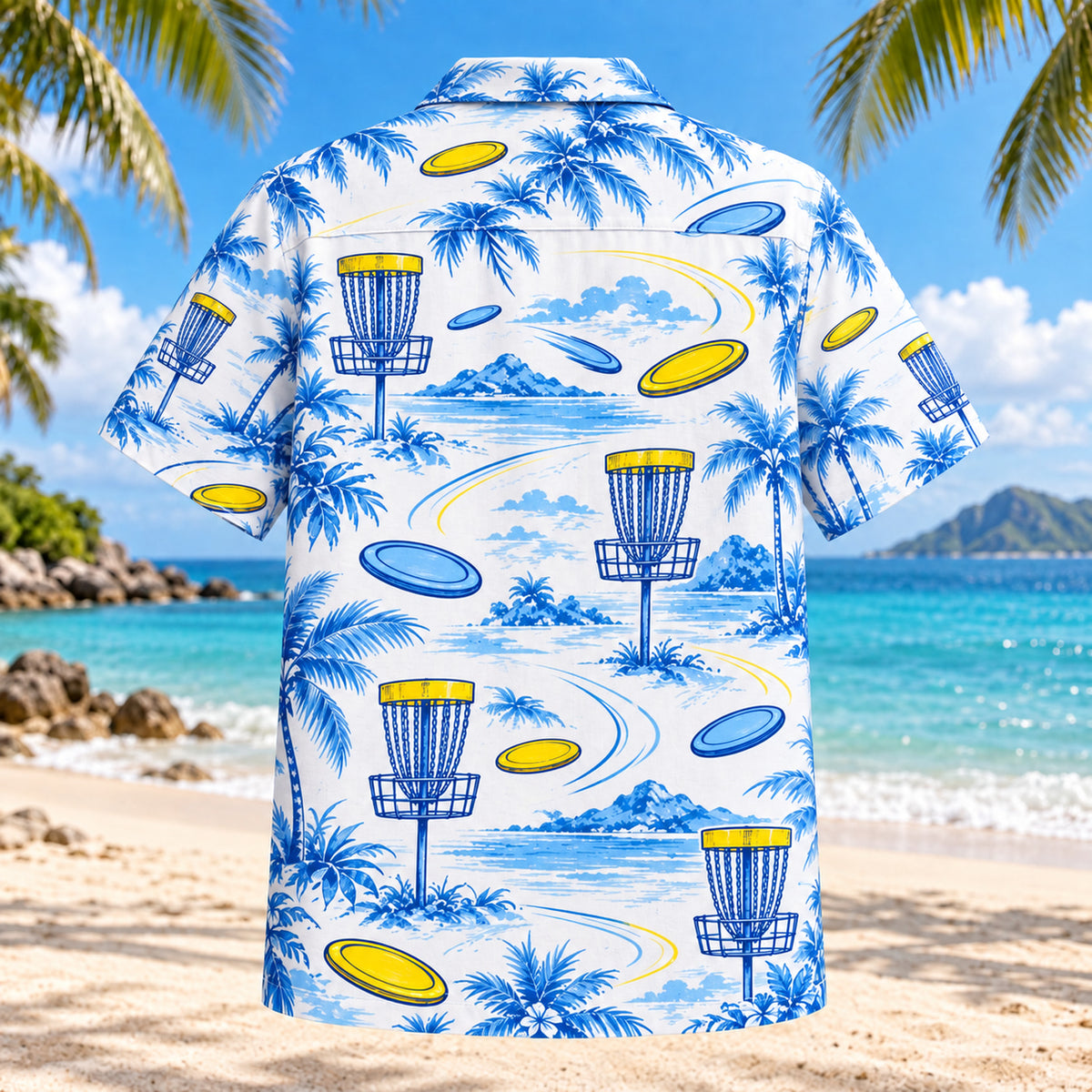 Back view of Blue Sketch Disc Golf Hawaiian Shirt with matching disc golf artwork in sky blue, cobalt, white, lemon yellow