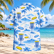 Back view of Blue Sketch Disc Golf Hawaiian Shirt with matching disc golf artwork in sky blue, cobalt, white, lemon yellow