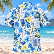 Back view of Blue Sketch Electrician Hawaiian Shirt with matching electrician artwork in sky blue, cobalt, white, lemon yellow