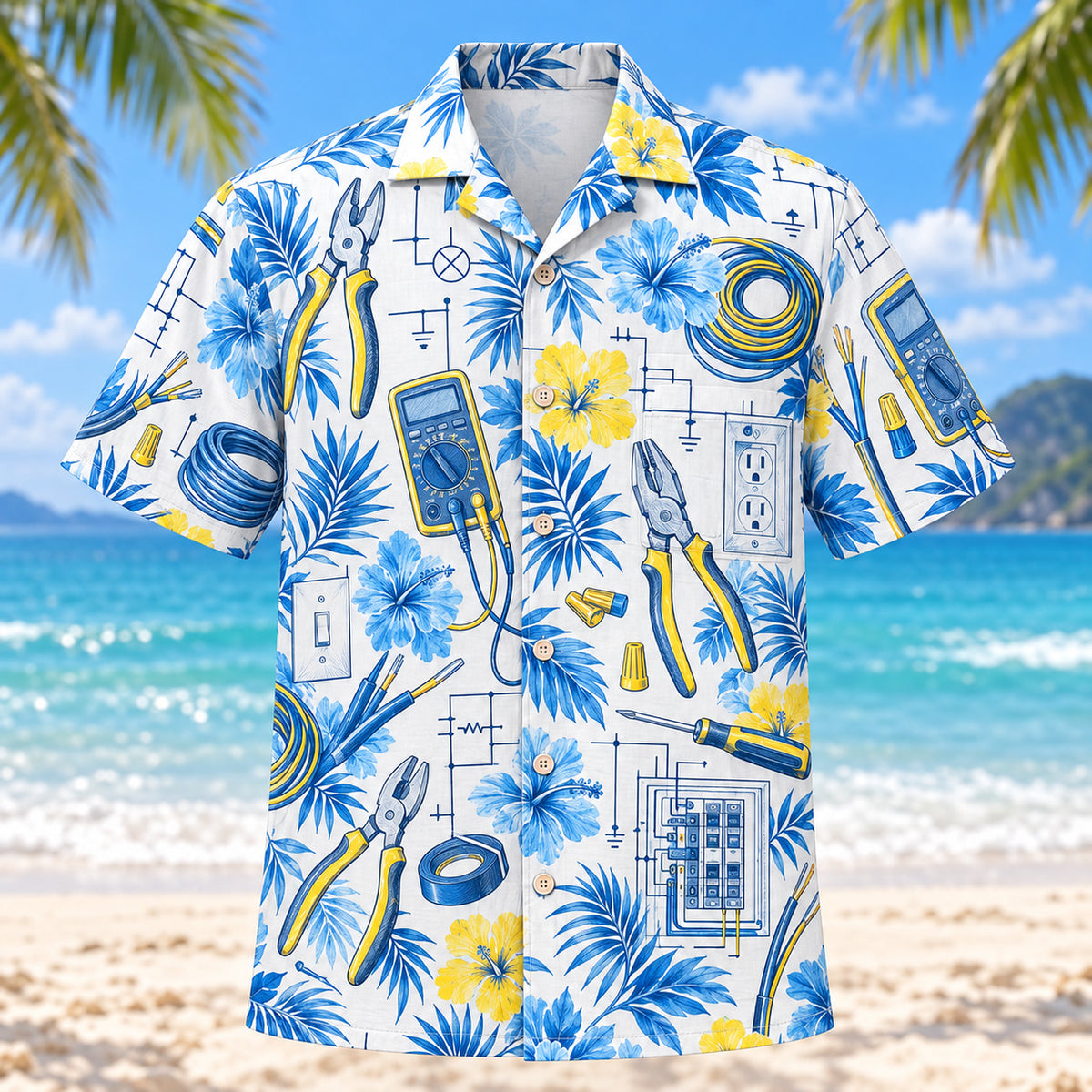 Front view of Blue Sketch Electrician Hawaiian Shirt with airy hand-drawn outlines of accurate pliers, wire, multimeters and original electrical diagrams with clean white space