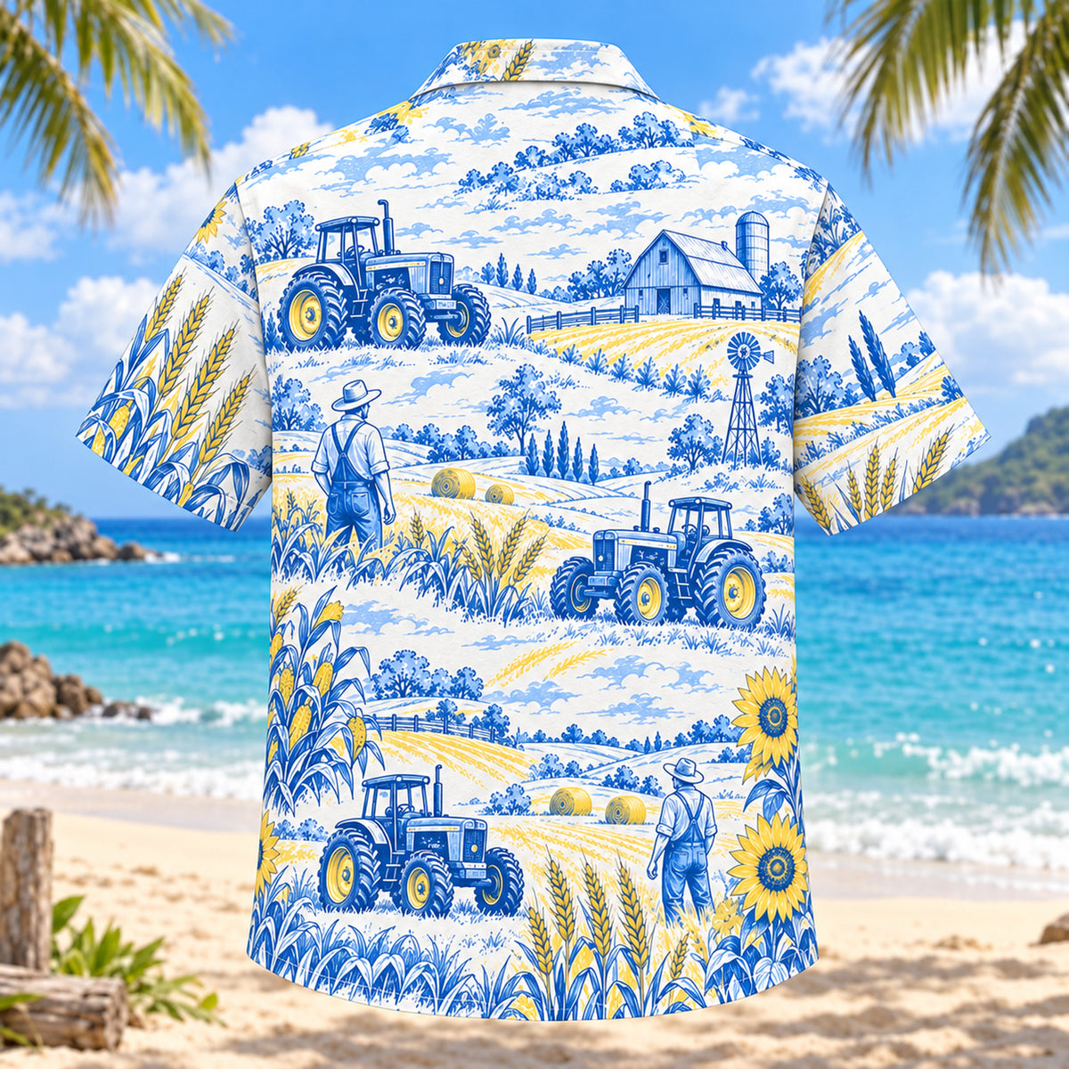 Back view of Blue Sketch Farmer and Tractor Hawaiian Shirt with matching farmer and tractor artwork in sky blue, cobalt, white, lemon yellow
