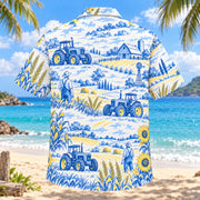 Back view of Blue Sketch Farmer and Tractor Hawaiian Shirt with matching farmer and tractor artwork in sky blue, cobalt, white, lemon yellow