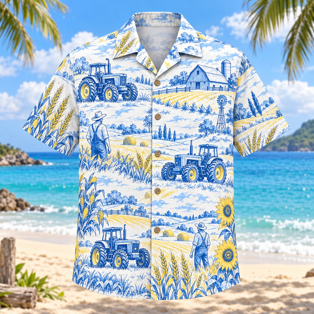 Front view of Blue Sketch Farmer and Tractor Hawaiian Shirt with airy hand-drawn outlines of generic tractors, fields, wheat, barns and crops with clean white space