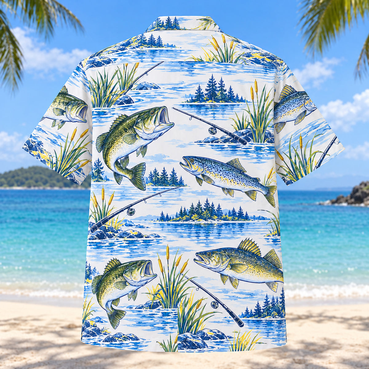 Back view of Blue Sketch Freshwater Fishing Hawaiian Shirt with matching freshwater fishing artwork in sky blue, cobalt, white, lemon yellow
