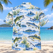 Back view of Blue Sketch Freshwater Fishing Hawaiian Shirt with matching freshwater fishing artwork in sky blue, cobalt, white, lemon yellow