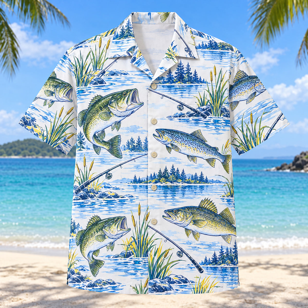 Blue Sketch Freshwater Fishing Hawaiian Shirt