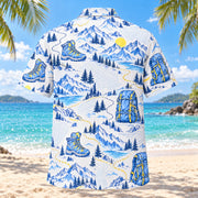 Back view of Blue Sketch Hiking and Backpacking Hawaiian Shirt with matching hiking and backpacking artwork in sky blue, cobalt, white, lemon yellow