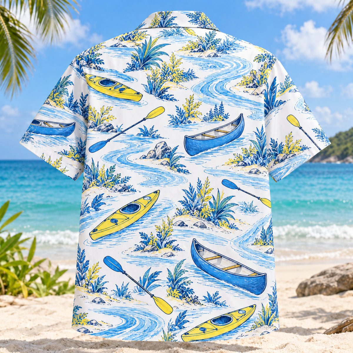 Back view of Blue Sketch Kayak and Canoe Hawaiian Shirt with matching kayak and canoe artwork in sky blue, cobalt, white, lemon yellow