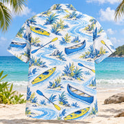 Back view of Blue Sketch Kayak and Canoe Hawaiian Shirt with matching kayak and canoe artwork in sky blue, cobalt, white, lemon yellow