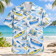 Front view of Blue Sketch Kayak and Canoe Hawaiian Shirt with airy hand-drawn outlines of plain kayaks, canoes, paddles, river bends and bankside plants with clean white space