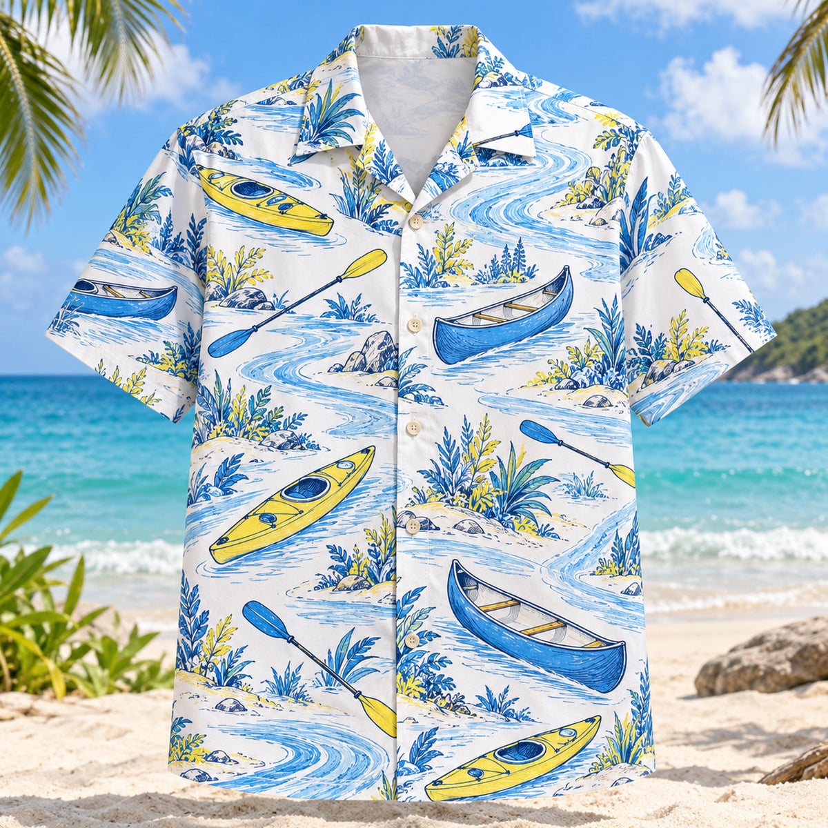 Front view of Blue Sketch Kayak and Canoe Hawaiian Shirt with airy hand-drawn outlines of plain kayaks, canoes, paddles, river bends and bankside plants with clean white space