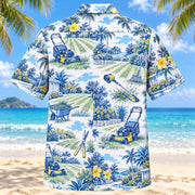 Back view of Blue Sketch Landscaper Hawaiian Shirt with matching landscaper artwork in sky blue, cobalt, white, lemon yellow