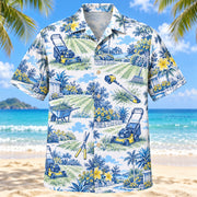 Front view of Blue Sketch Landscaper Hawaiian Shirt with airy hand-drawn outlines of generic lawn mowers, freshly cut turf stripes, trimming tools and original garden scenes with clean white space